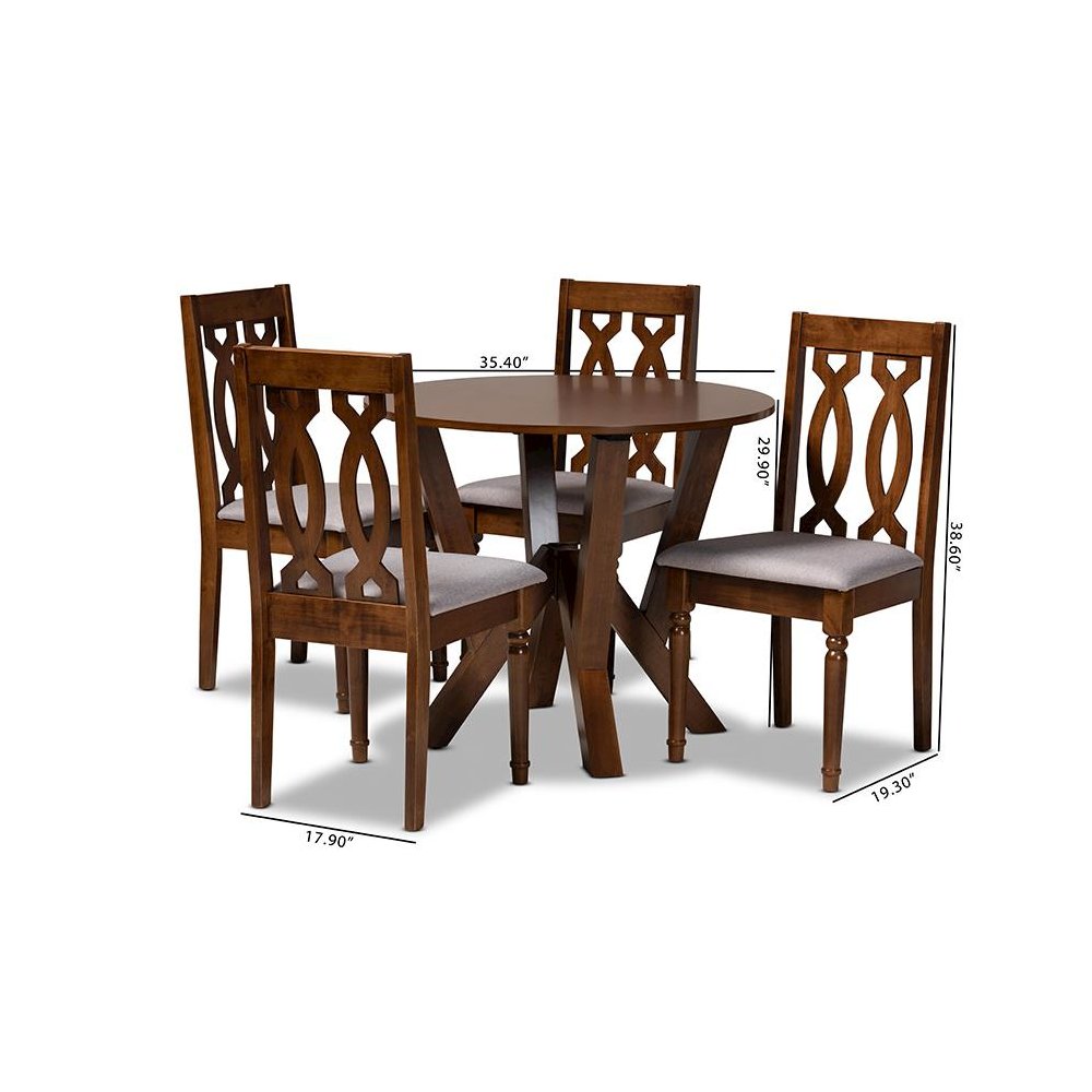 Grey Fabric Upholstered and Walnut Brown Finished Wood 5-Piece Dining Set