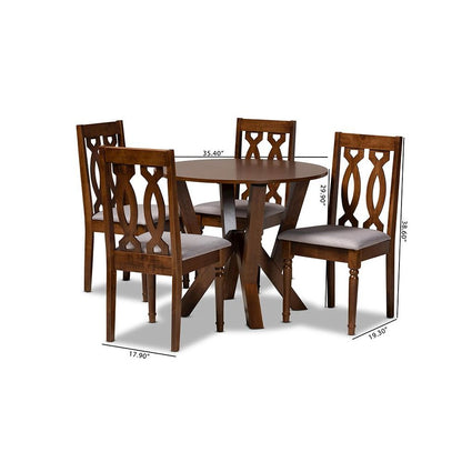 Grey Fabric Upholstered and Walnut Brown Finished Wood 5-Piece Dining Set