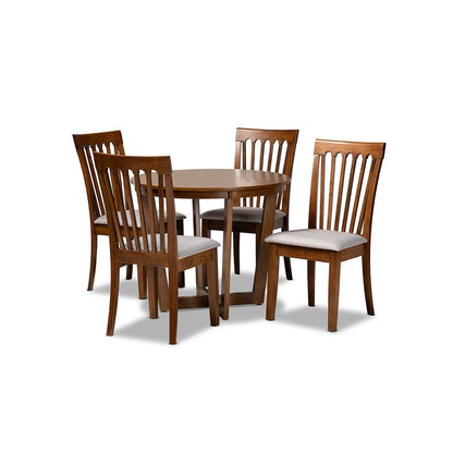 Grey Fabric Upholstered and Walnut Brown Finished Wood 5-Piece Dining Set