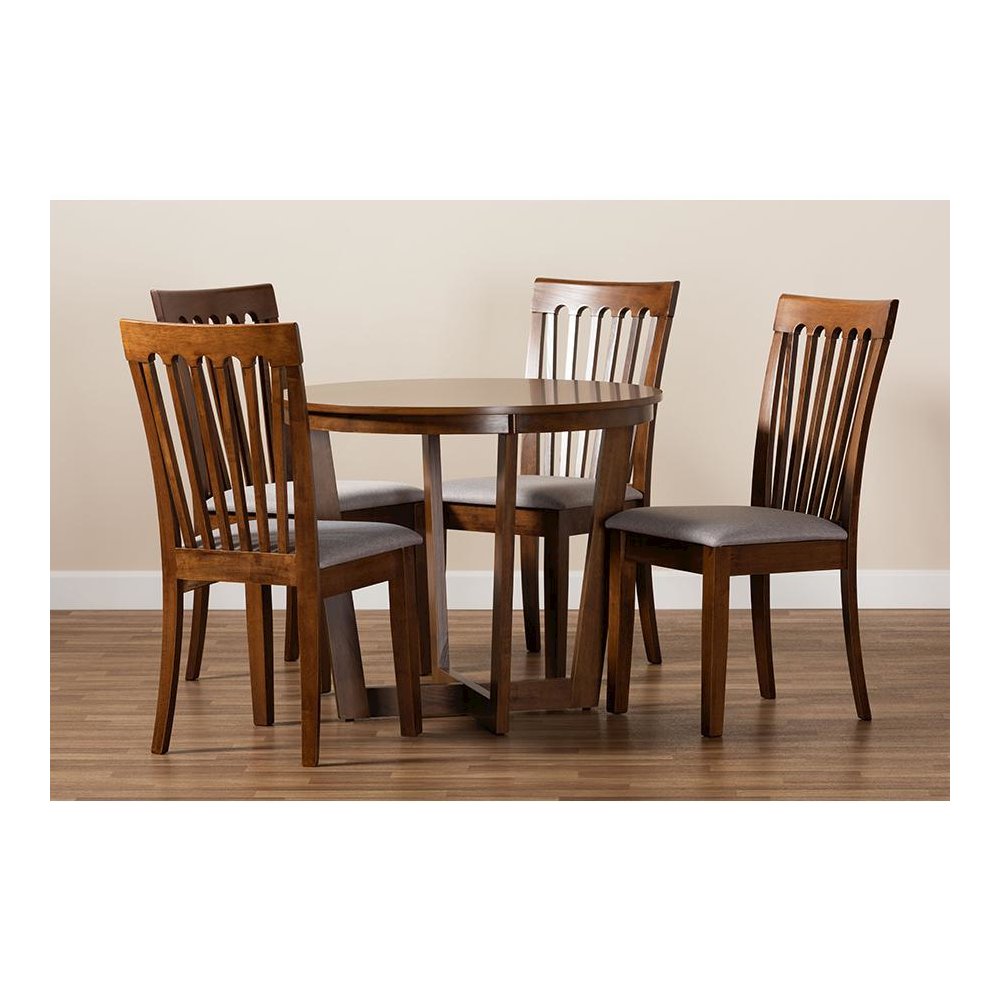 Grey Fabric Upholstered and Walnut Brown Finished Wood 5-Piece Dining Set