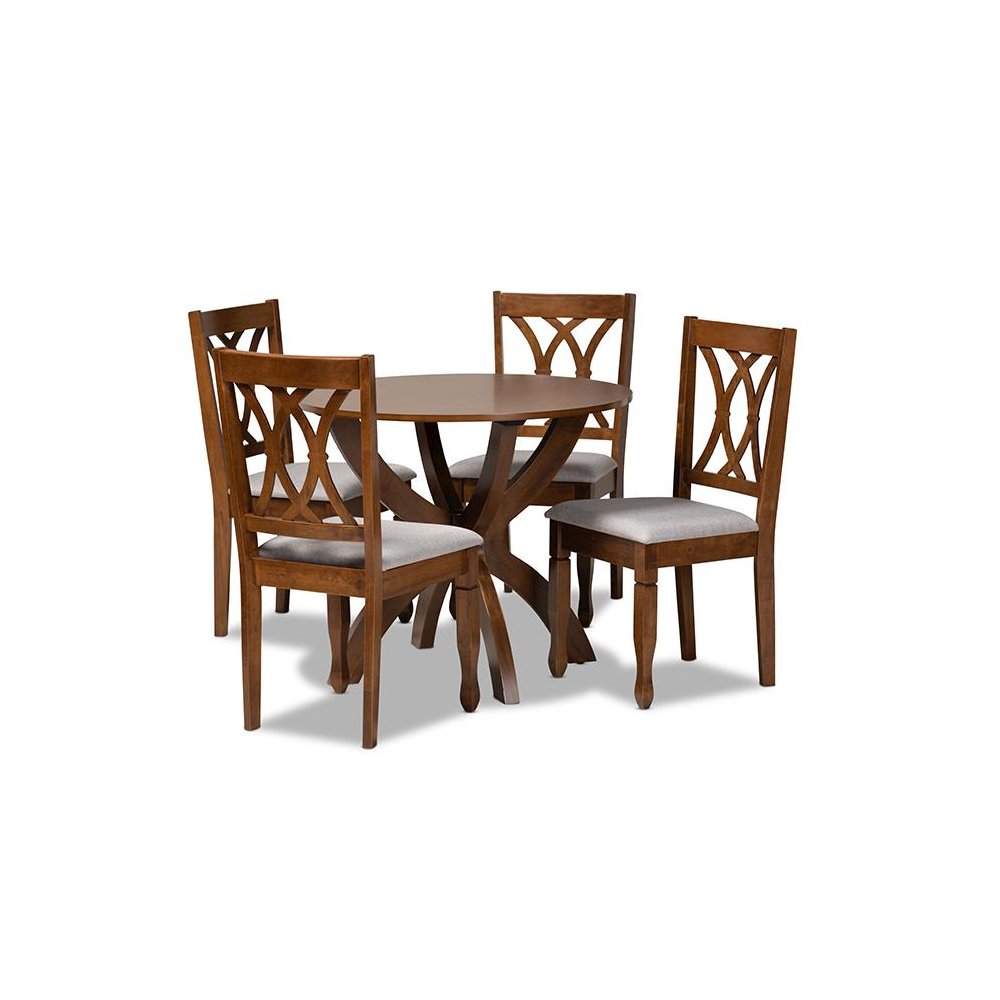 Grey Fabric Upholstered and Walnut Brown Finished Wood 5-Piece Dining Set