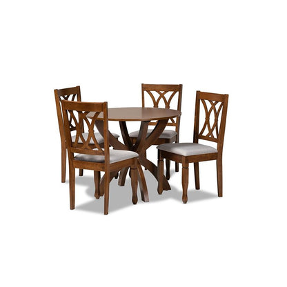 Grey Fabric Upholstered and Walnut Brown Finished Wood 5-Piece Dining Set
