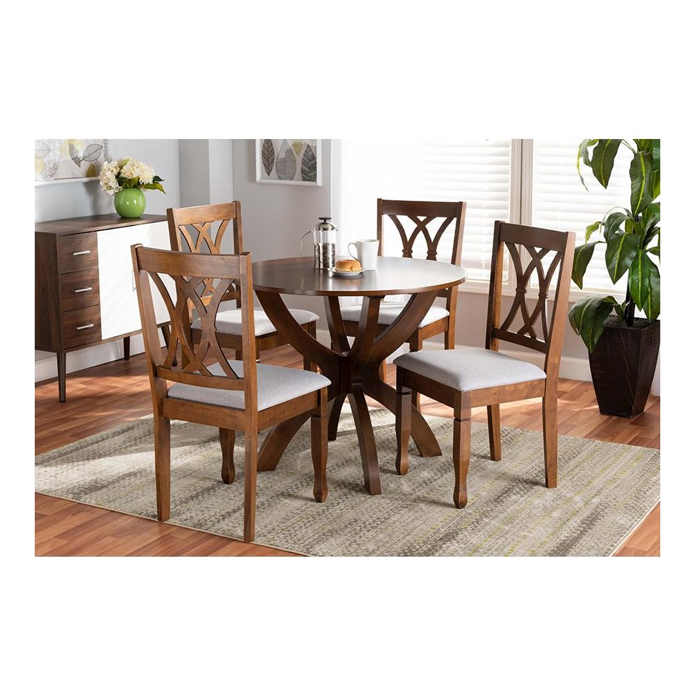 Grey Fabric Upholstered and Walnut Brown Finished Wood 5-Piece Dining Set