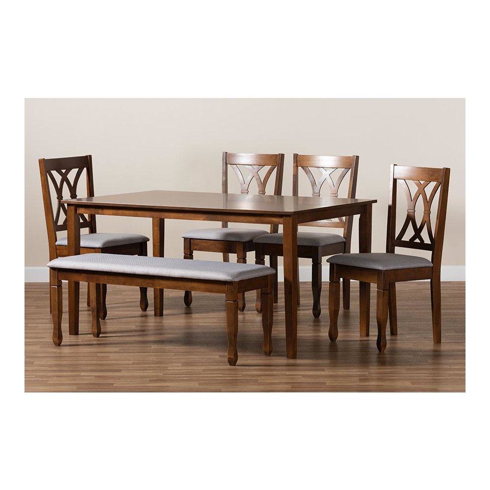 Grey Fabric Upholstered and Walnut Brown Finished Wood 6-Piece Dining Set