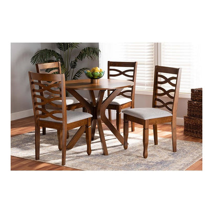 Grey Fabric Upholstered and Walnut Brown Finished Wood 5-Piece Dining Set