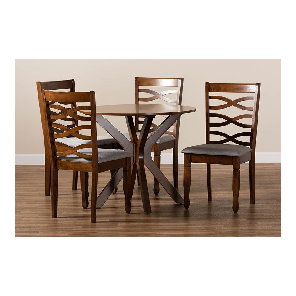 Grey Fabric Upholstered and Walnut Brown Finished Wood 5-Piece Dining Set