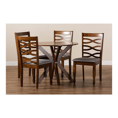 Grey Fabric Upholstered and Walnut Brown Finished Wood 5-Piece Dining Set