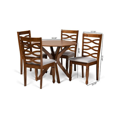 Grey Fabric Upholstered and Walnut Brown Finished Wood 5-Piece Dining Set