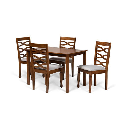 Grey Fabric Upholstered and Walnut Brown Finished Wood 5-Piece Dining Set