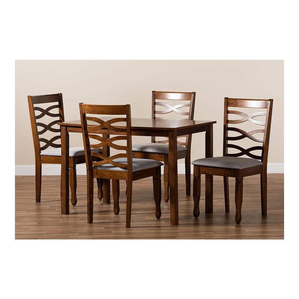 Grey Fabric Upholstered and Walnut Brown Finished Wood 5-Piece Dining Set