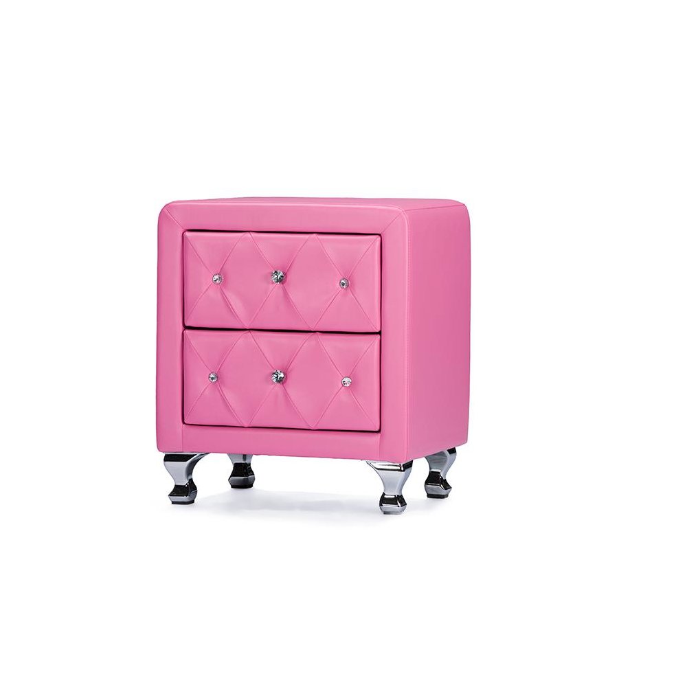 Stella Crystal Tufted Pink Leather Modern Nightstand