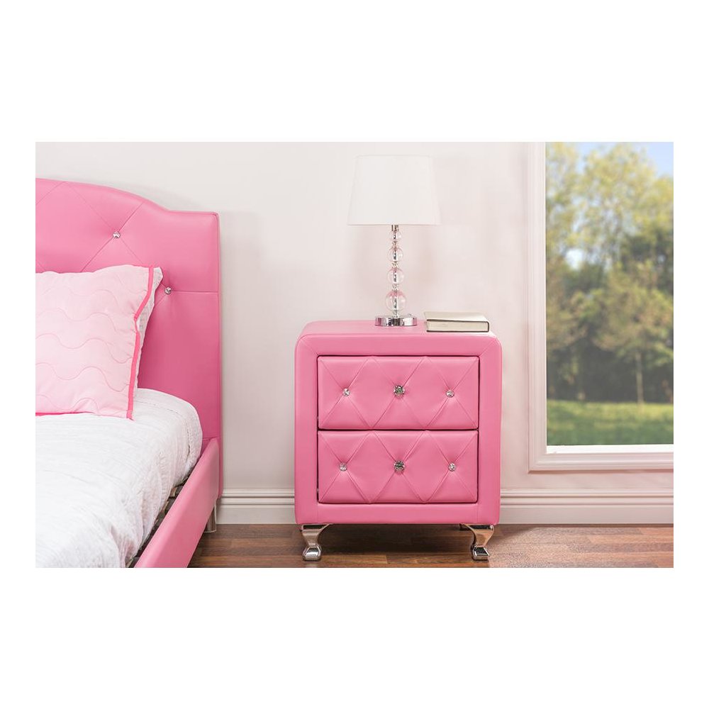 Stella Crystal Tufted Pink Leather Modern Nightstand