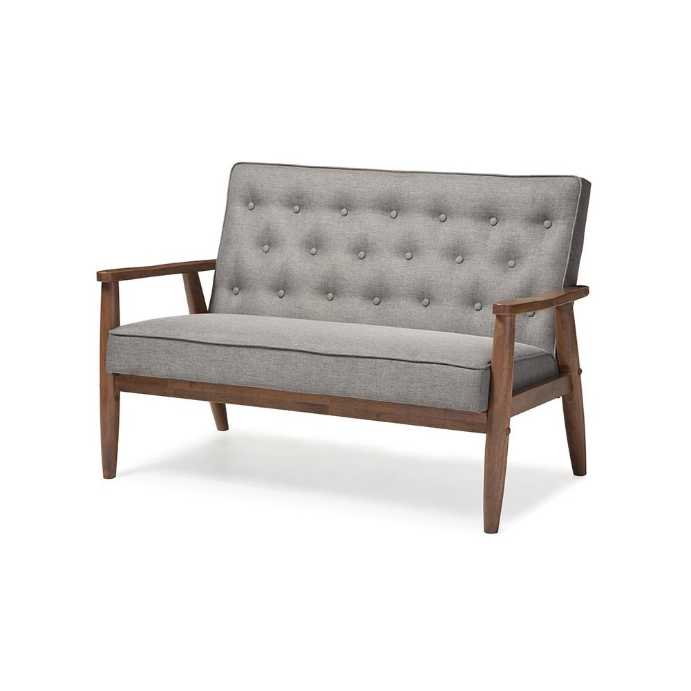 Grey Fabric Upholstered Wooden 2-seater Loveseat