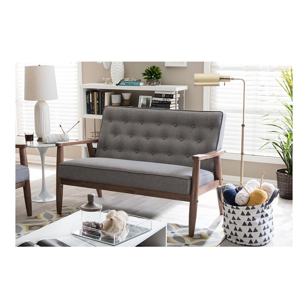 Grey Fabric Upholstered Wooden 2-seater Loveseat