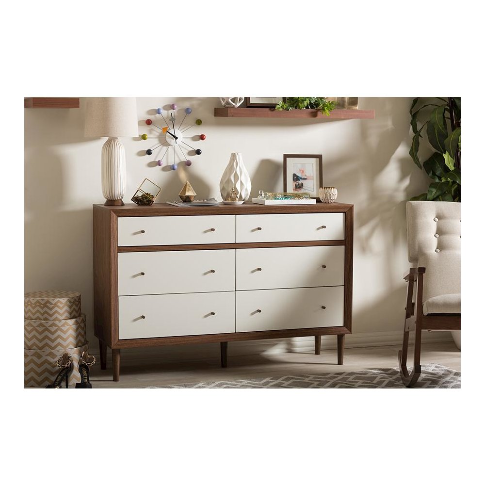 Scandinavian Style White and Walnut Wood 6-drawer Storage Dresser