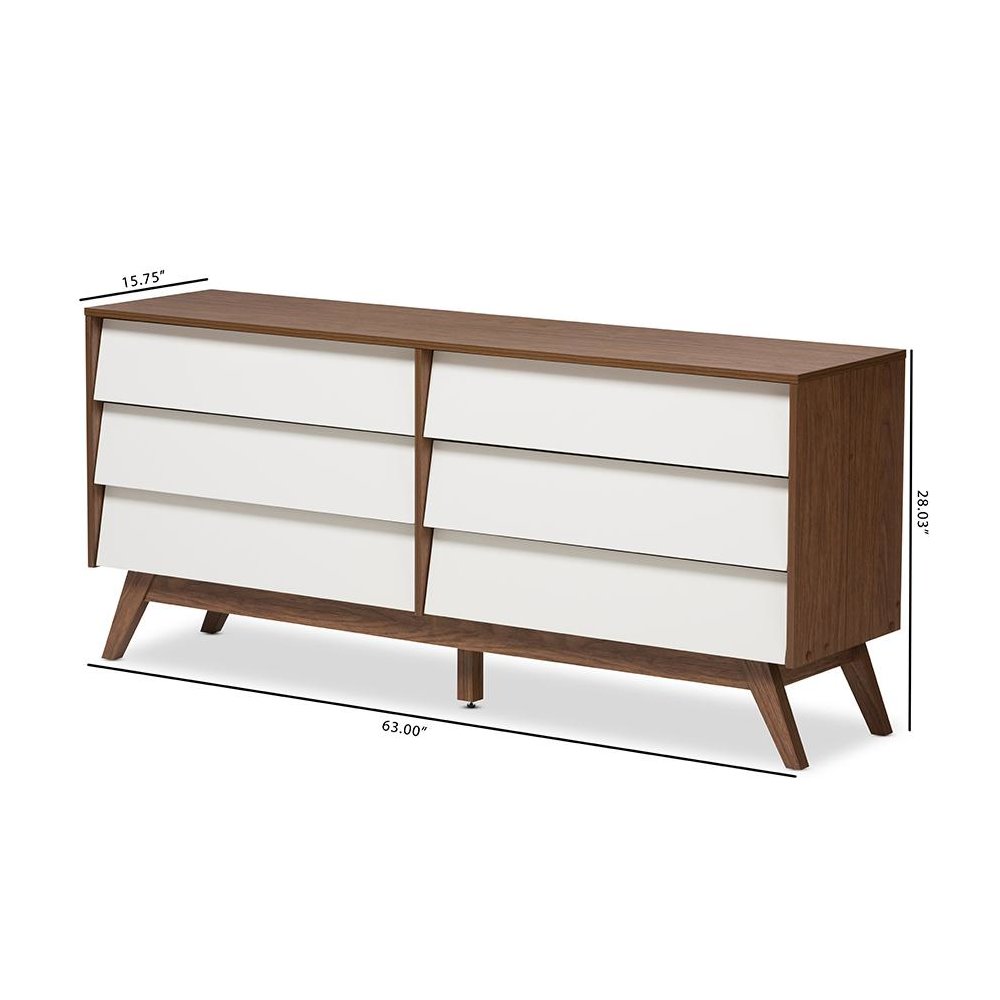 Hildon Mid-Century Modern White and Walnut Wood 6-Drawer Storage Dresser