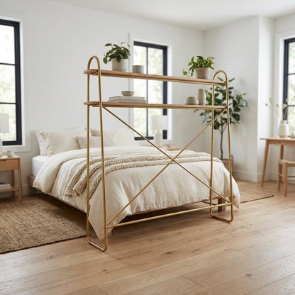 Wooden Over Bed Storage Shelf in Brown with Elegant Design