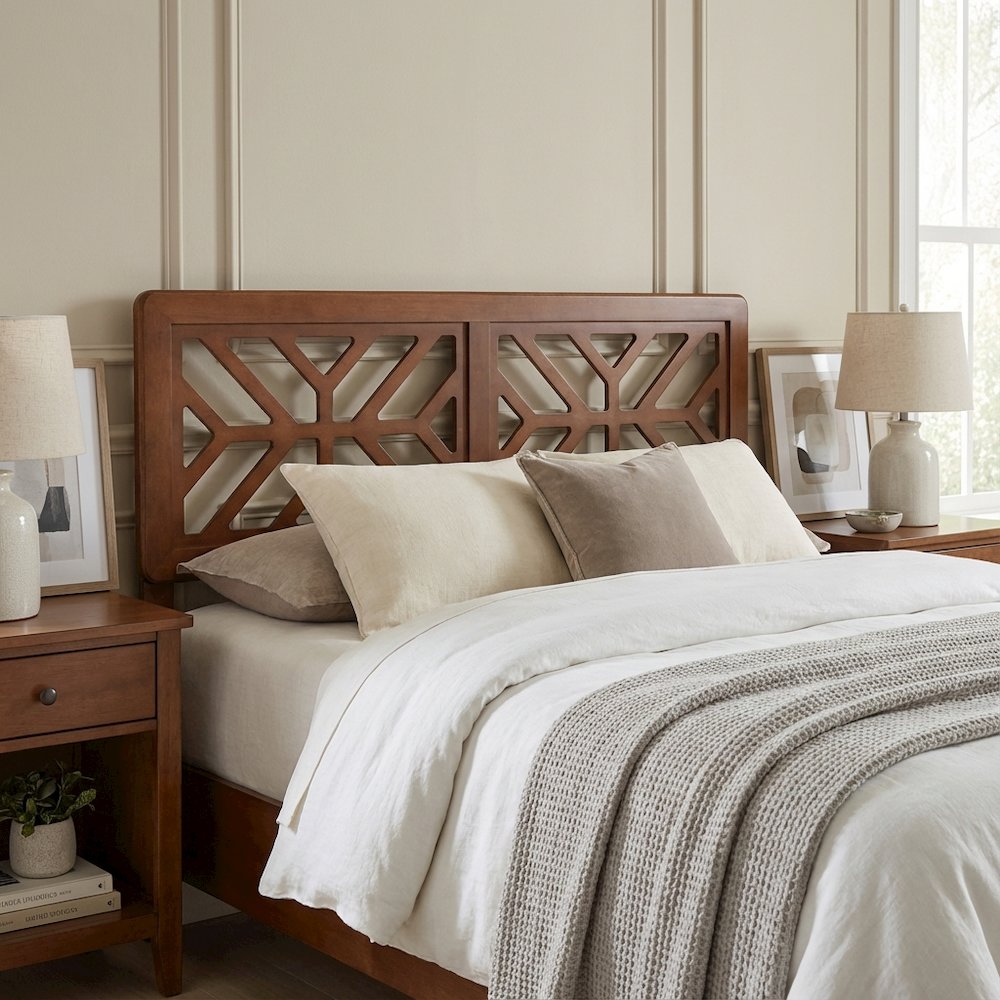 Wood Geometric Cutout Headboard in Walnut Brown with Adjustable Legs