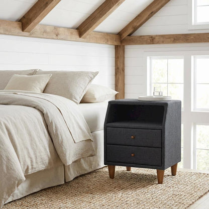 Mid-Century Modern Charcoal Fabric Nightstand with Wood Frame and Storage