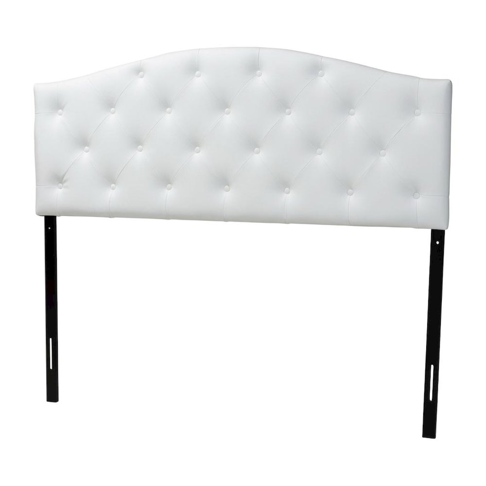 White Faux Leather Queen Headboard, Button-Tufted, Scalloped Design Hardwood