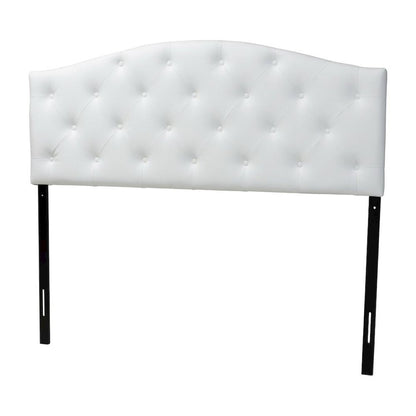 White Faux Leather Queen Headboard, Button-Tufted, Scalloped Design Hardwood