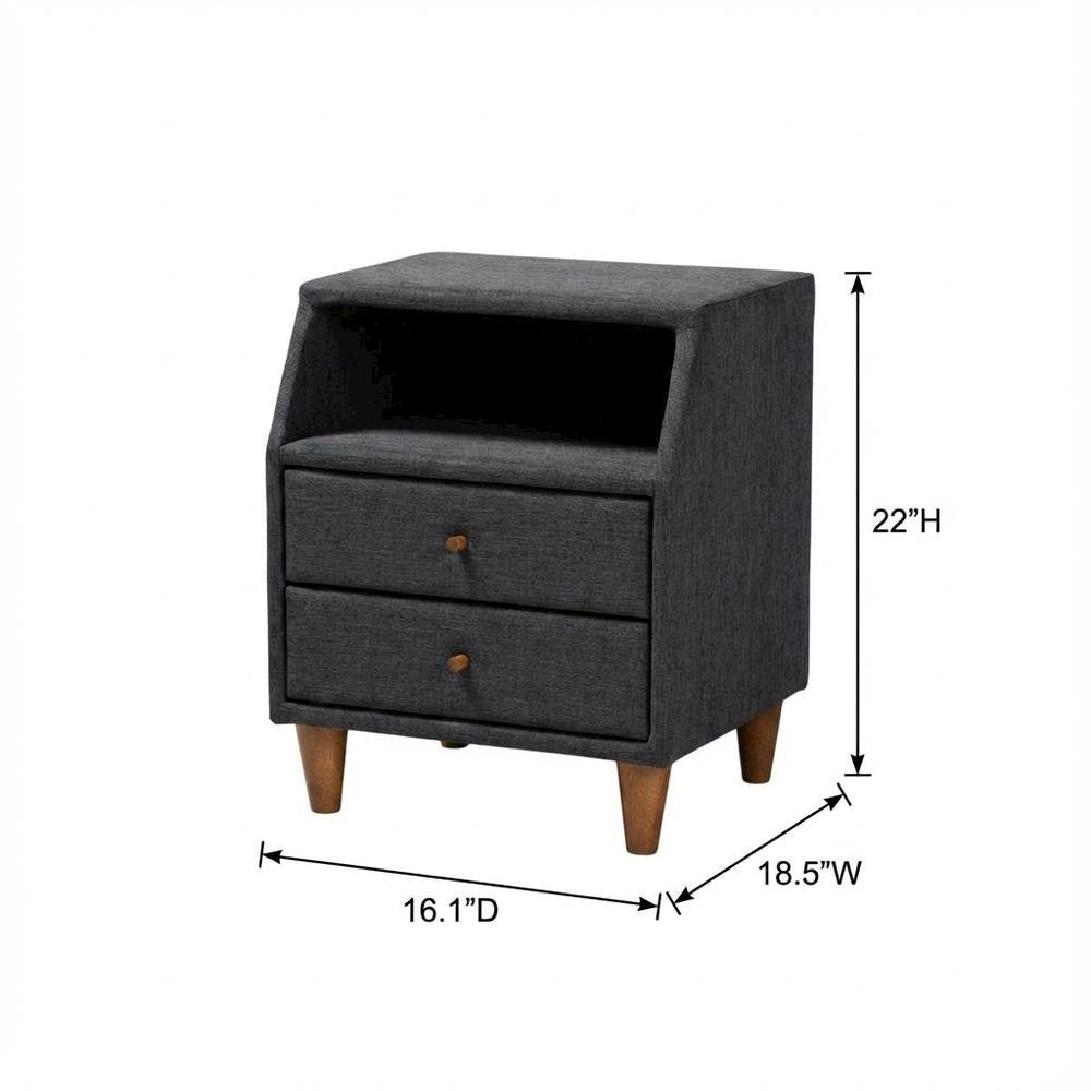 Mid-Century Modern Charcoal Fabric Nightstand with Wood Frame and Storage
