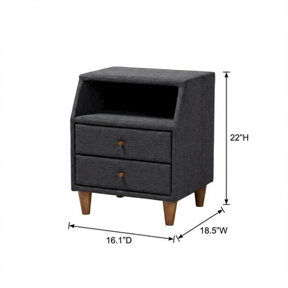 Mid-Century Modern Charcoal Fabric Nightstand with Wood Frame and Storage