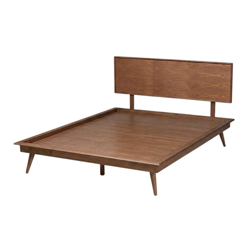 Mid-Century Full Size Platform Bed with Walnut Finish and Rubberwood Frame