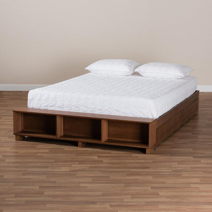 Baxton Studio Arthur Modern Rustic Ash Walnut Brown Finished Wood Full Size Platform Bed with BuiltIn Shelves