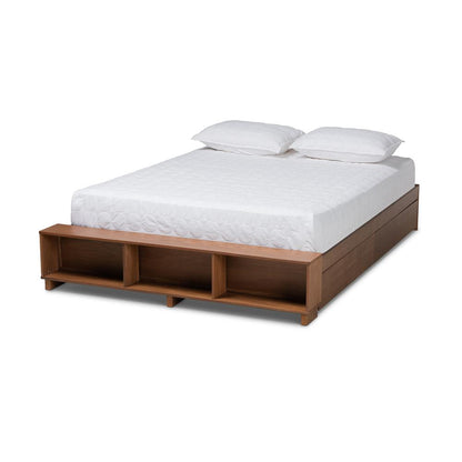 Baxton Studio Arthur Modern Rustic Ash Walnut Brown Finished Wood Full Size Platform Bed with BuiltIn Shelves