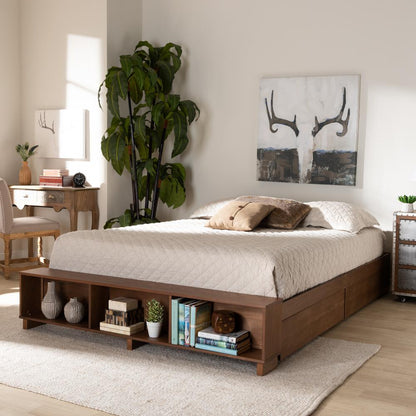 Baxton Studio Arthur Modern Rustic Ash Walnut Brown Finished Wood Full Size Platform Bed with BuiltIn Shelves