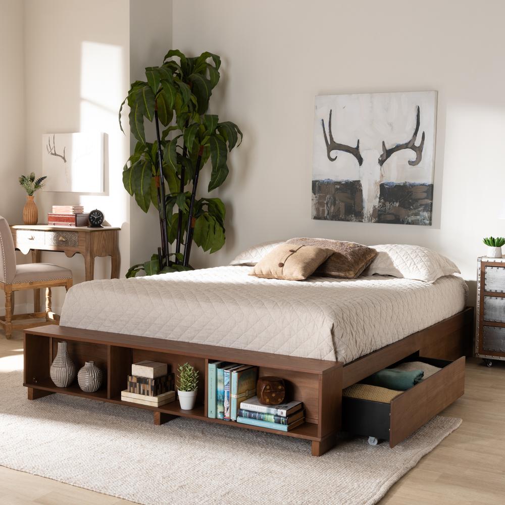 Baxton Studio Arthur Modern Rustic Ash Walnut Brown Finished Wood Full Size Platform Bed with BuiltIn Shelves