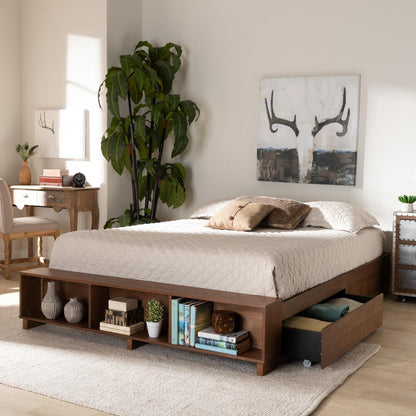 Baxton Studio Arthur Modern Rustic Ash Walnut Brown Finished Wood Full Size Platform Bed with BuiltIn Shelves