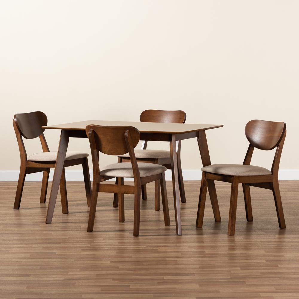 Sand Fabric Upholstered and Walnut Brown Finished Wood 5-Piece Dining Set