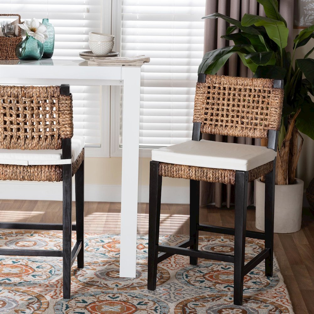 Bohemian Dark Brown Mahogany Wood and Seagrass Counter Stool