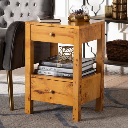 Modern and Contemporary Natural Light Mappa Real Burl Wood 2-Drawer Nightstand