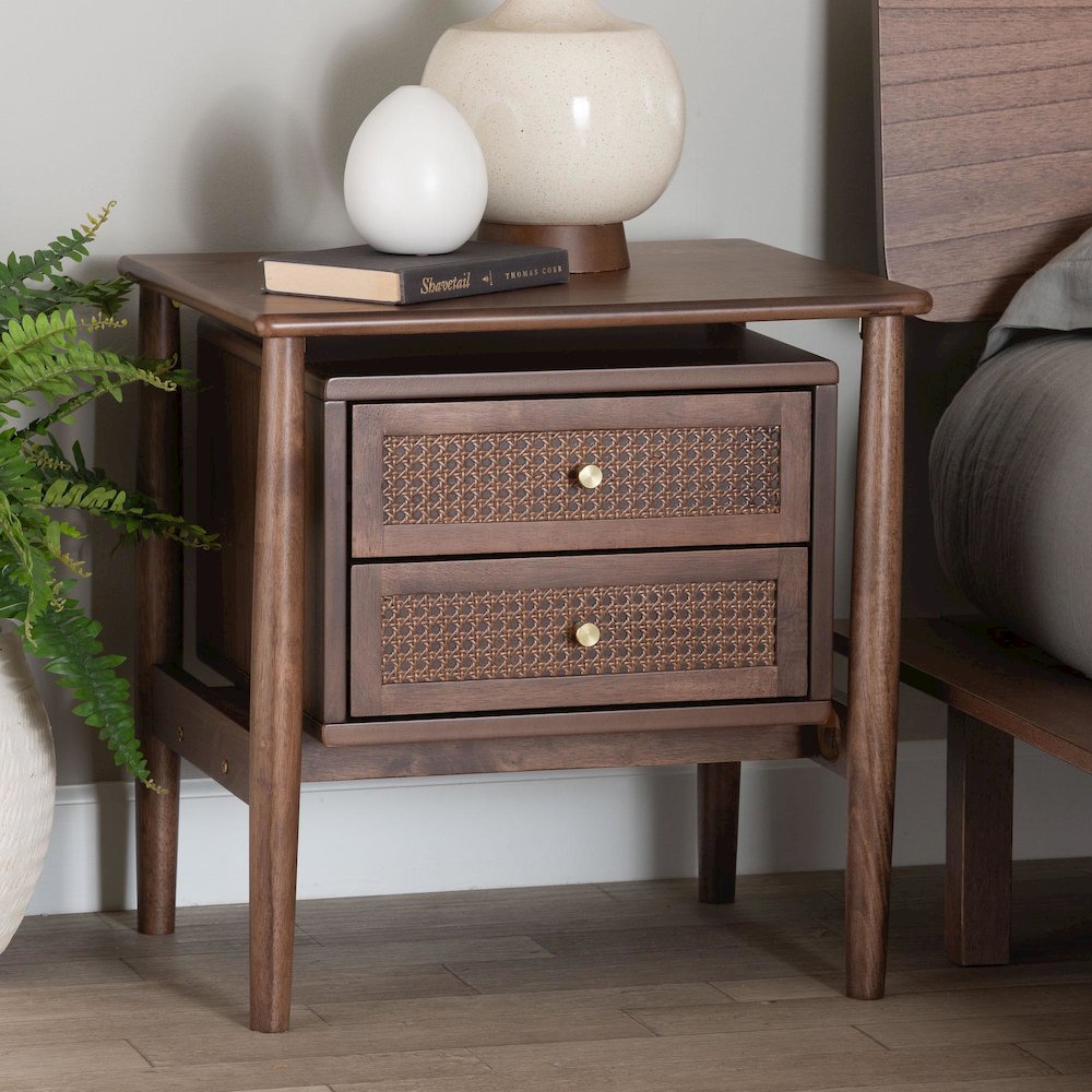Studio Alyssa Japandi Walnut Brown Wood 2-Drawer Nightstand Woven with Rattan