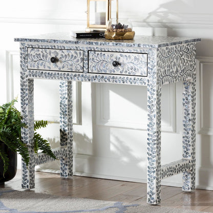 Diata Coastal Black and White Mother of Pearl Capiz Shell 2-Drawer Console Table