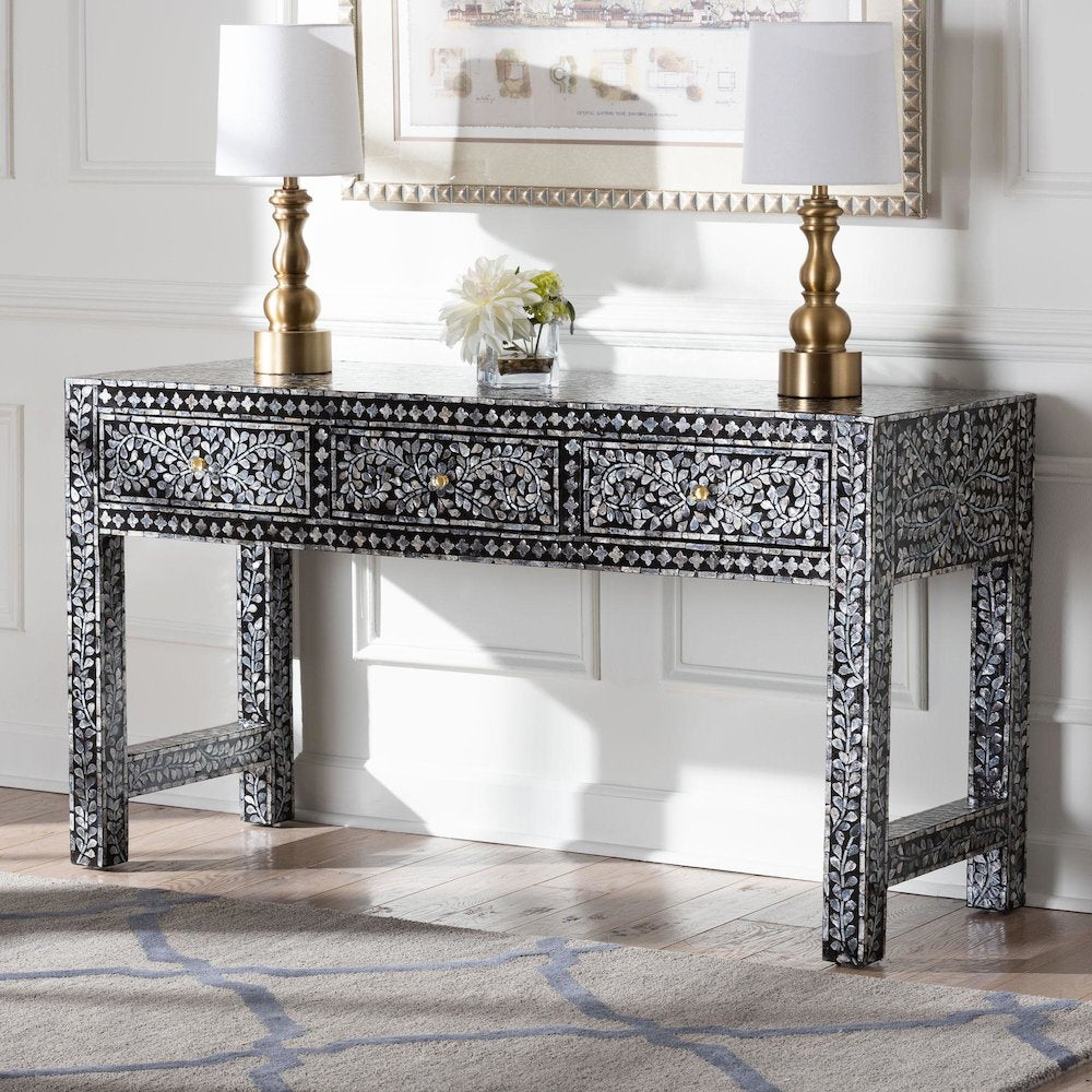 Elara Coastal Black and White Mother of Pearl Capiz Shell 3-Drawer Console Table