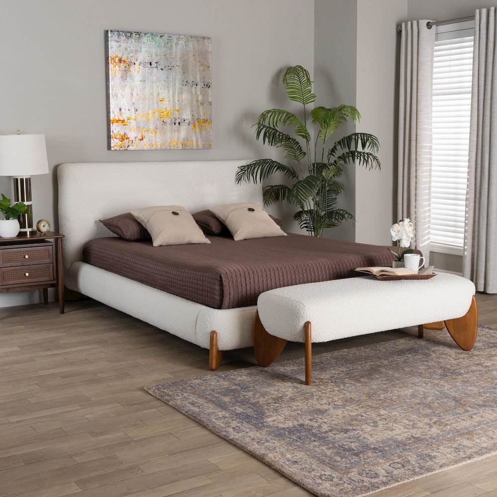 Vinicio Mid-Century Modern Cream Boucle King 2-Piece Bedroom Set