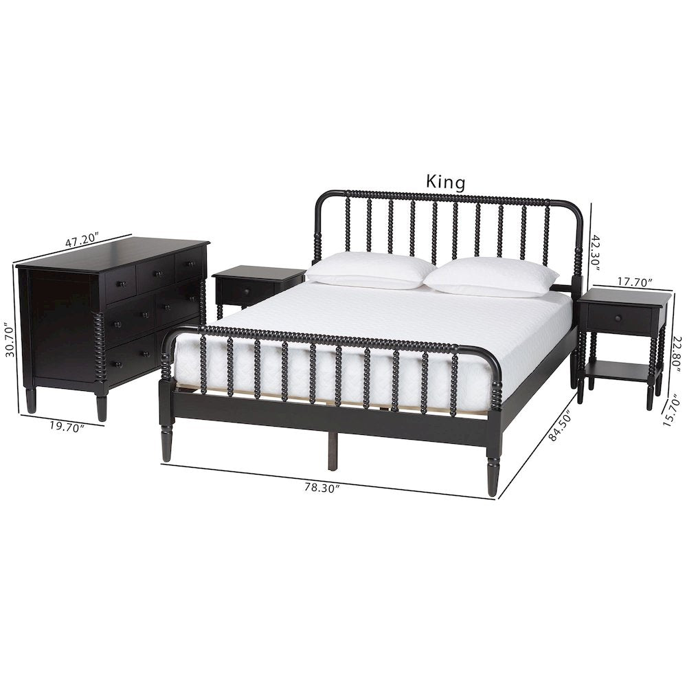 Baxton Studio Braith Farmhouse Black Spindle Wood King Size 4-Piece Bedroom Set