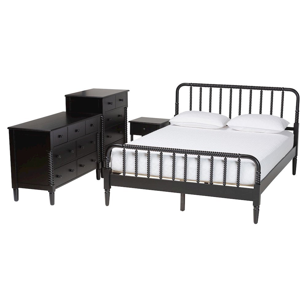 Braith Farmhouse Black Spindle Wood King Size 4-Piece Bedroom Set