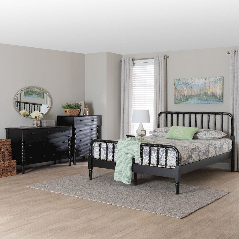 Braith Farmhouse Black Spindle Wood King Size 4-Piece Bedroom Set