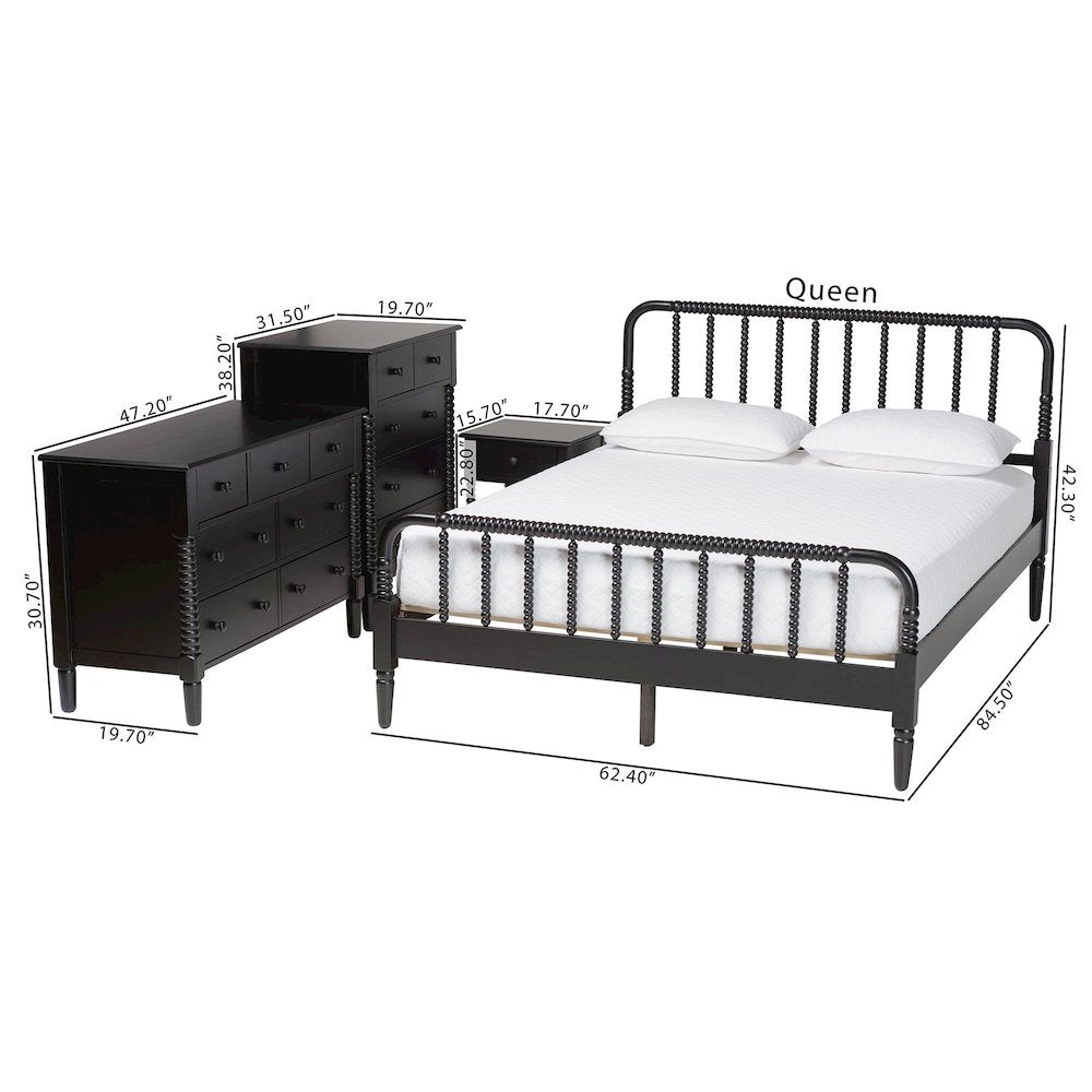 Braith Farmhouse Black Spindle Wood King Size 4-Piece Bedroom Set