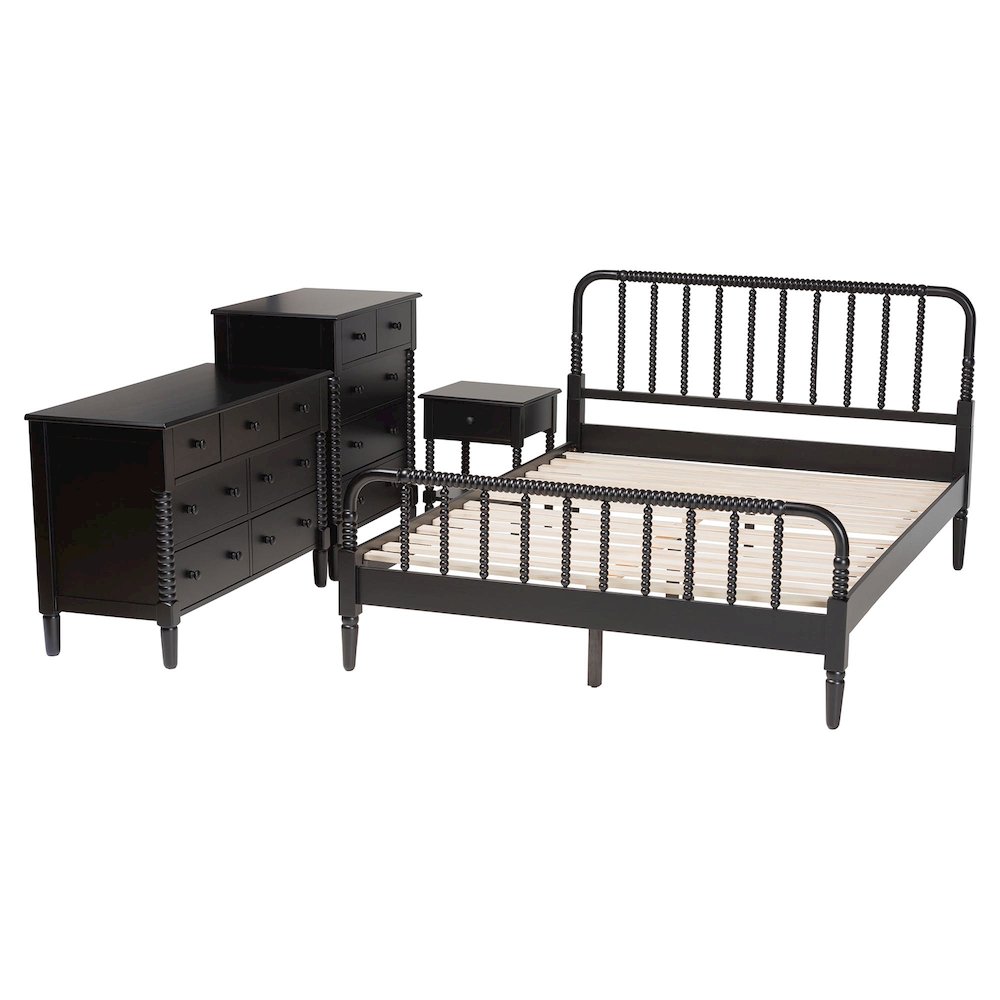 Braith Farmhouse Black Spindle Wood King Size 4-Piece Bedroom Set