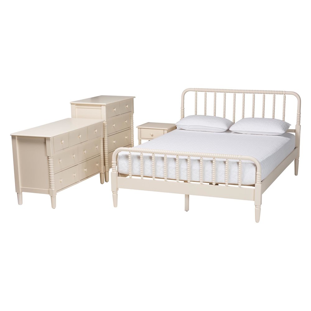 Braith Farmhouse Ivory Spindle Wood King Size 4-Piece Bedroom Set