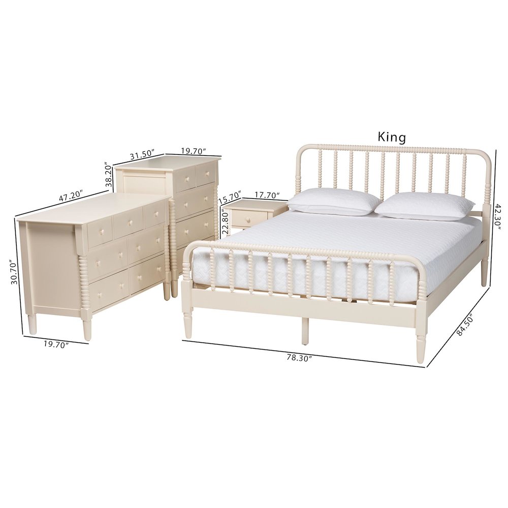 Braith Farmhouse Ivory Spindle Wood King Size 4-Piece Bedroom Set