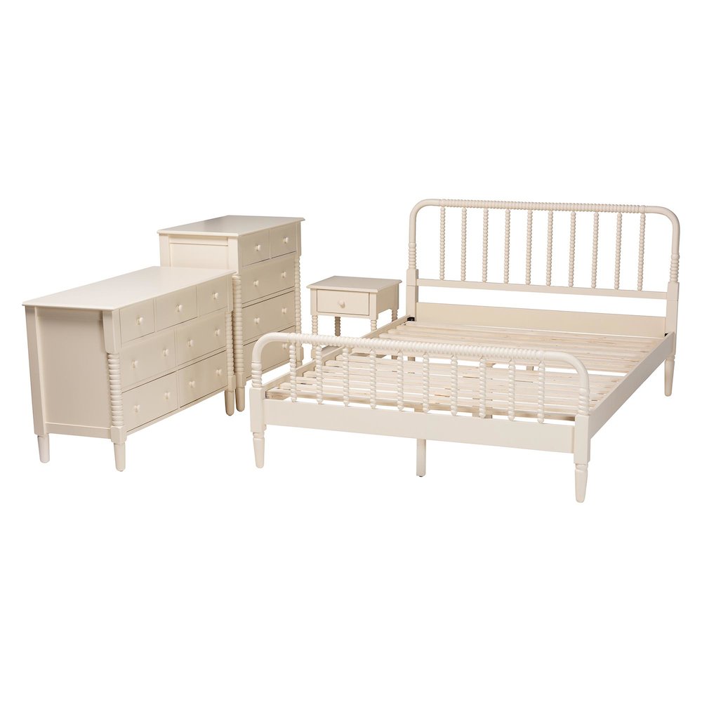 Braith Farmhouse Ivory Spindle Wood King Size 4-Piece Bedroom Set