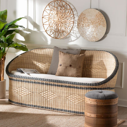 Natural Rattan Loveseat - Handwoven Wicker Sofa with Two-Tone Woven Detailing