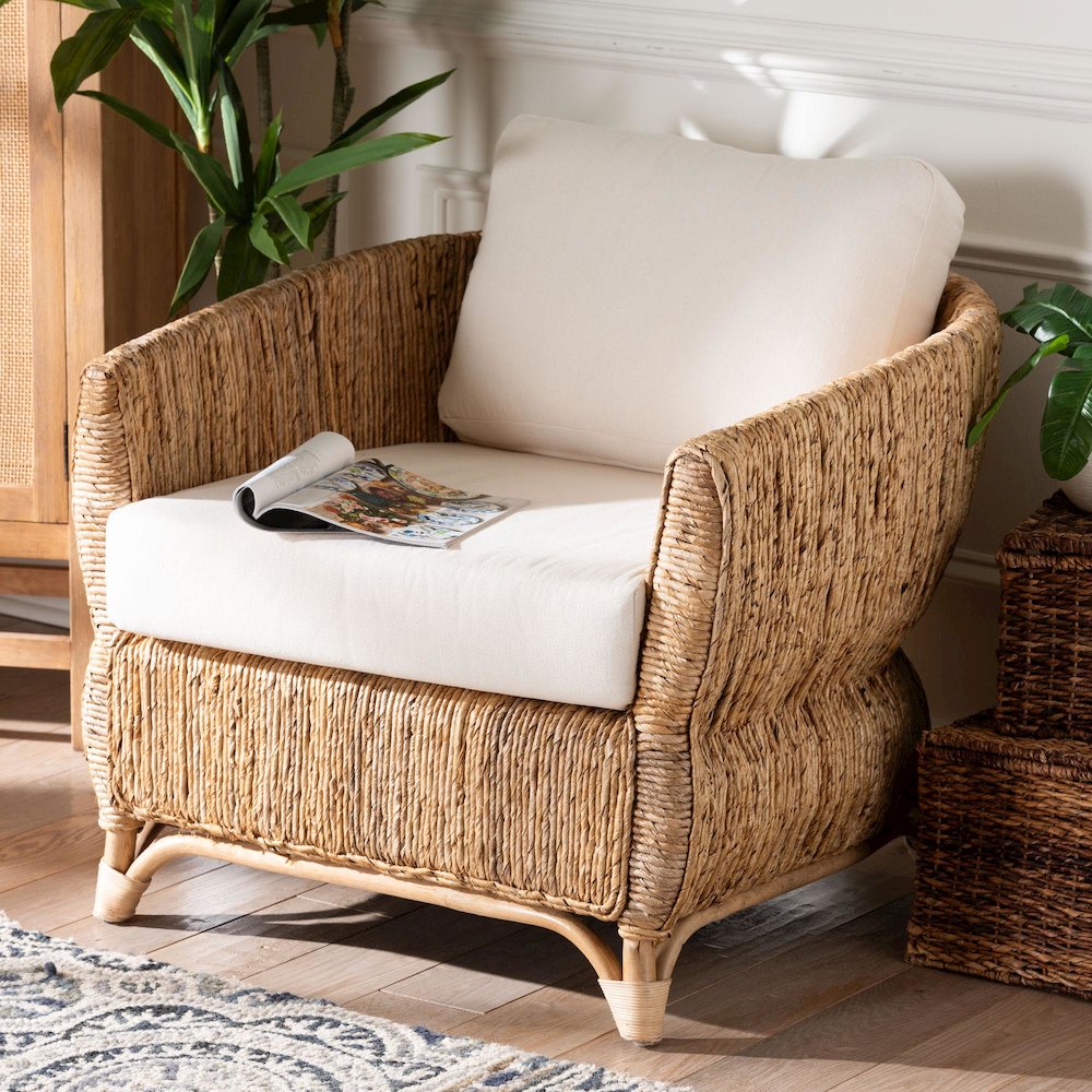 Rattan and Seagrass Armchair with Cushions - Handwoven Lounge Chair
